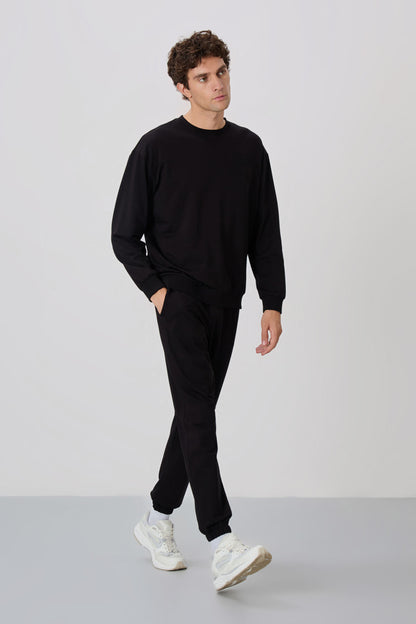Black Casual O Neck Elastic Cuffed Cotton Men's Oversize Tracksuit Set - 85120