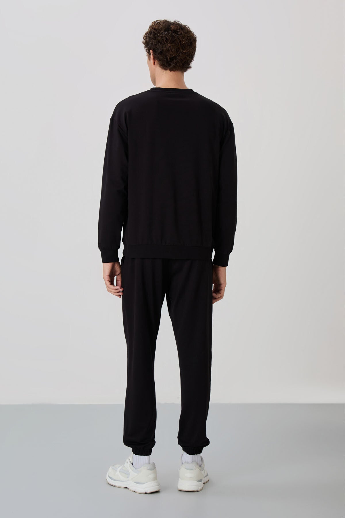 Black Casual O Neck Elastic Cuffed Cotton Men's Oversize Tracksuit Set - 85120