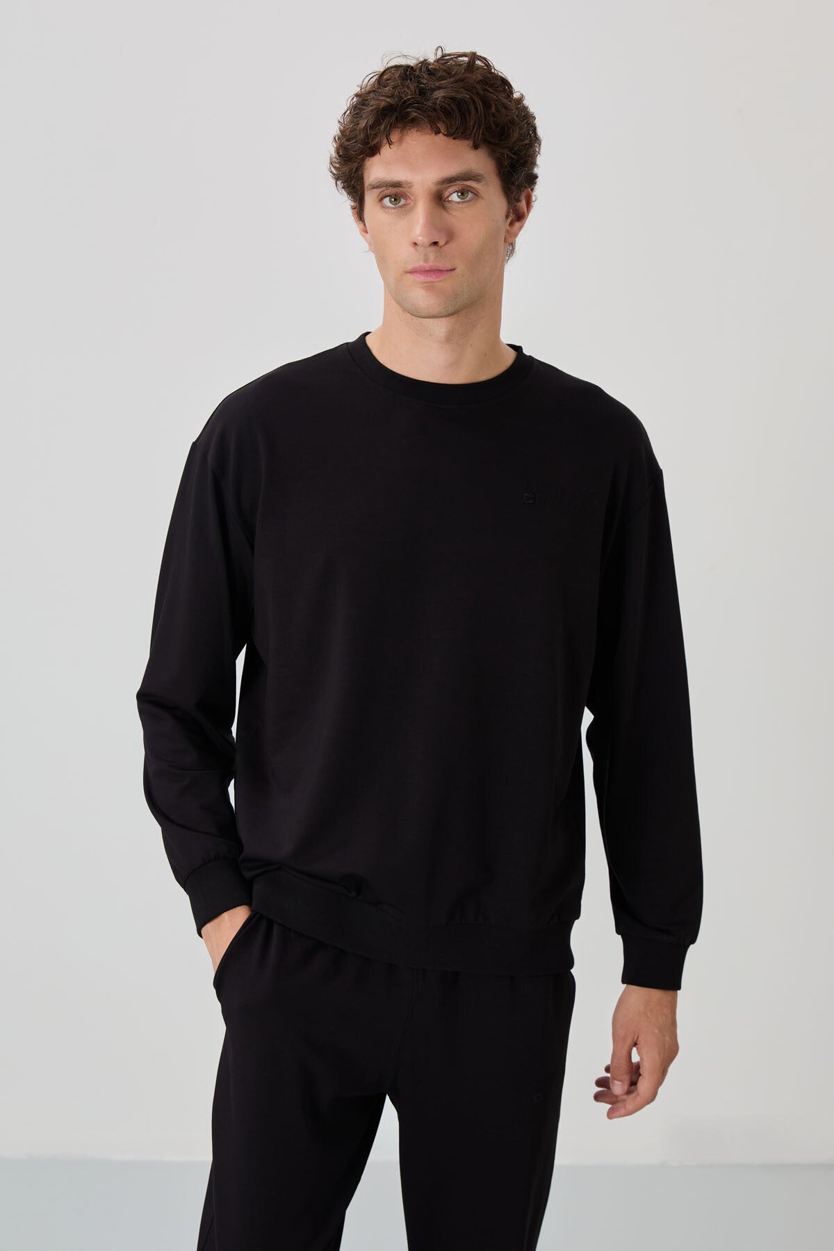 Black Casual O Neck Elastic Cuffed Cotton Men's Oversize Tracksuit Set - 85120