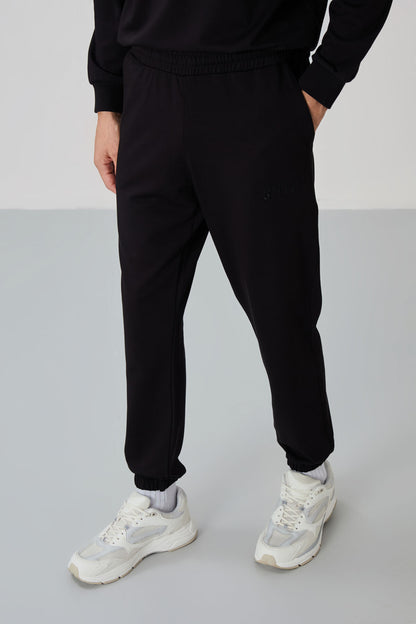 Black Casual O Neck Elastic Cuffed Cotton Men's Oversize Tracksuit Set - 85120