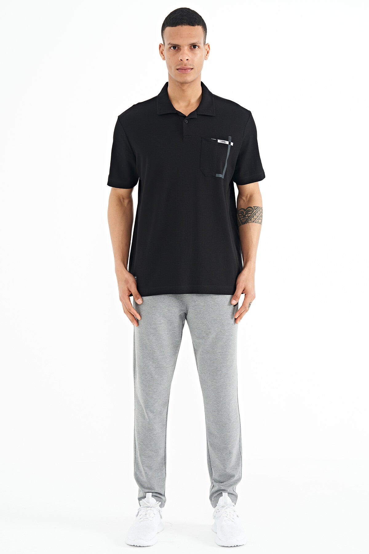 Black Pocket Detailed Printed Standard Fit Polo Collar Men's T-Shirt - 88241