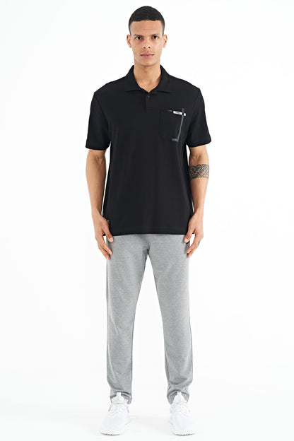 Black Pocket Detailed Printed Standard Fit Polo Collar Men's T-Shirt - 88241