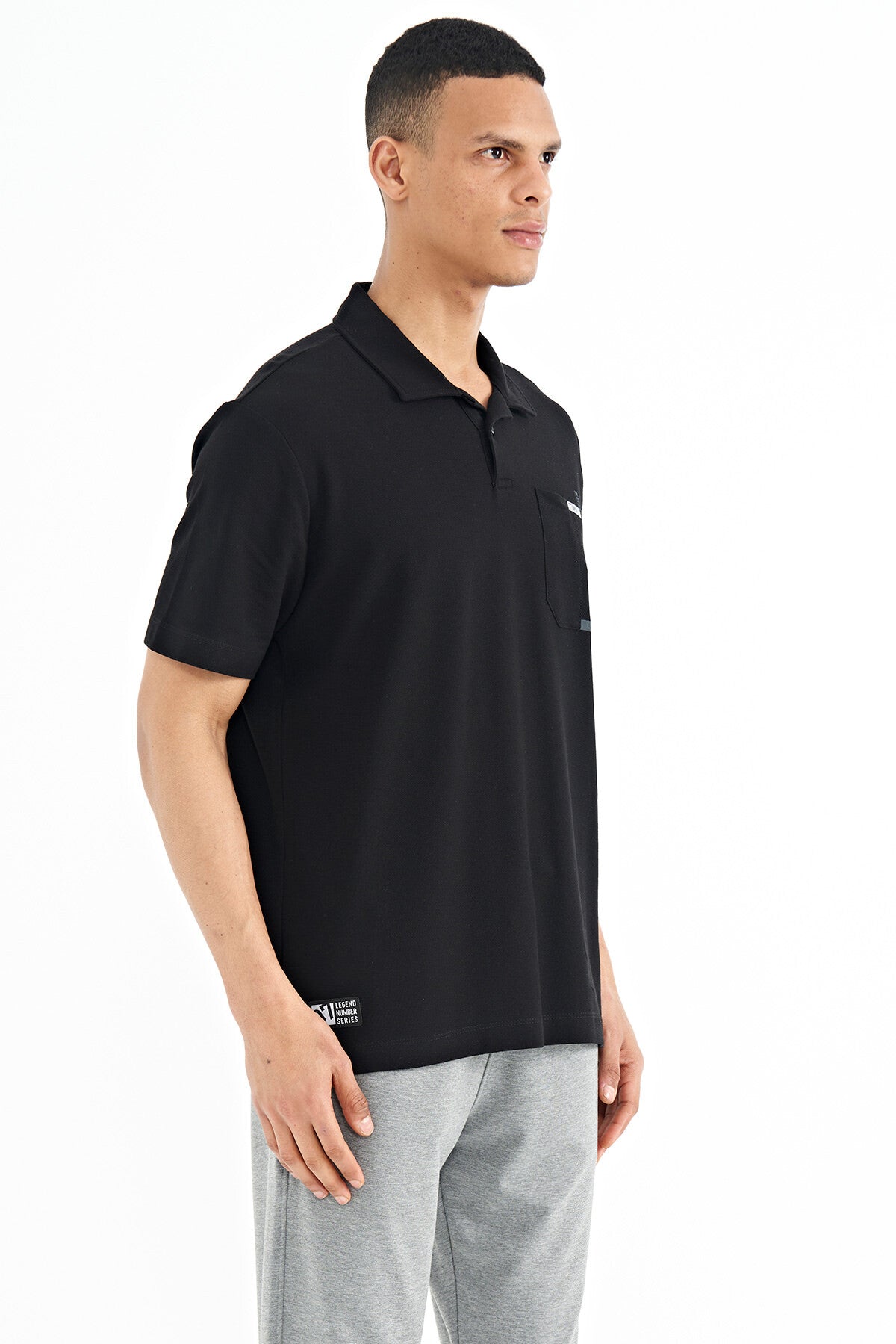 Black Pocket Detailed Printed Standard Fit Polo Collar Men's T-Shirt - 88241