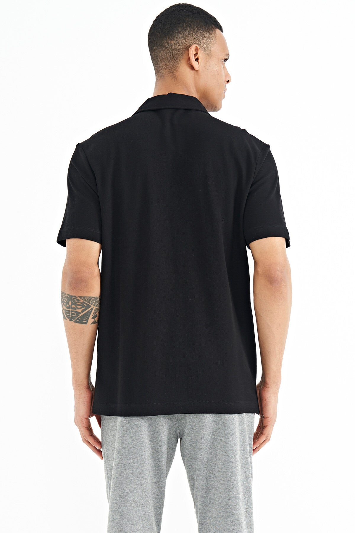 Black Pocket Detailed Printed Standard Fit Polo Collar Men's T-Shirt - 88241