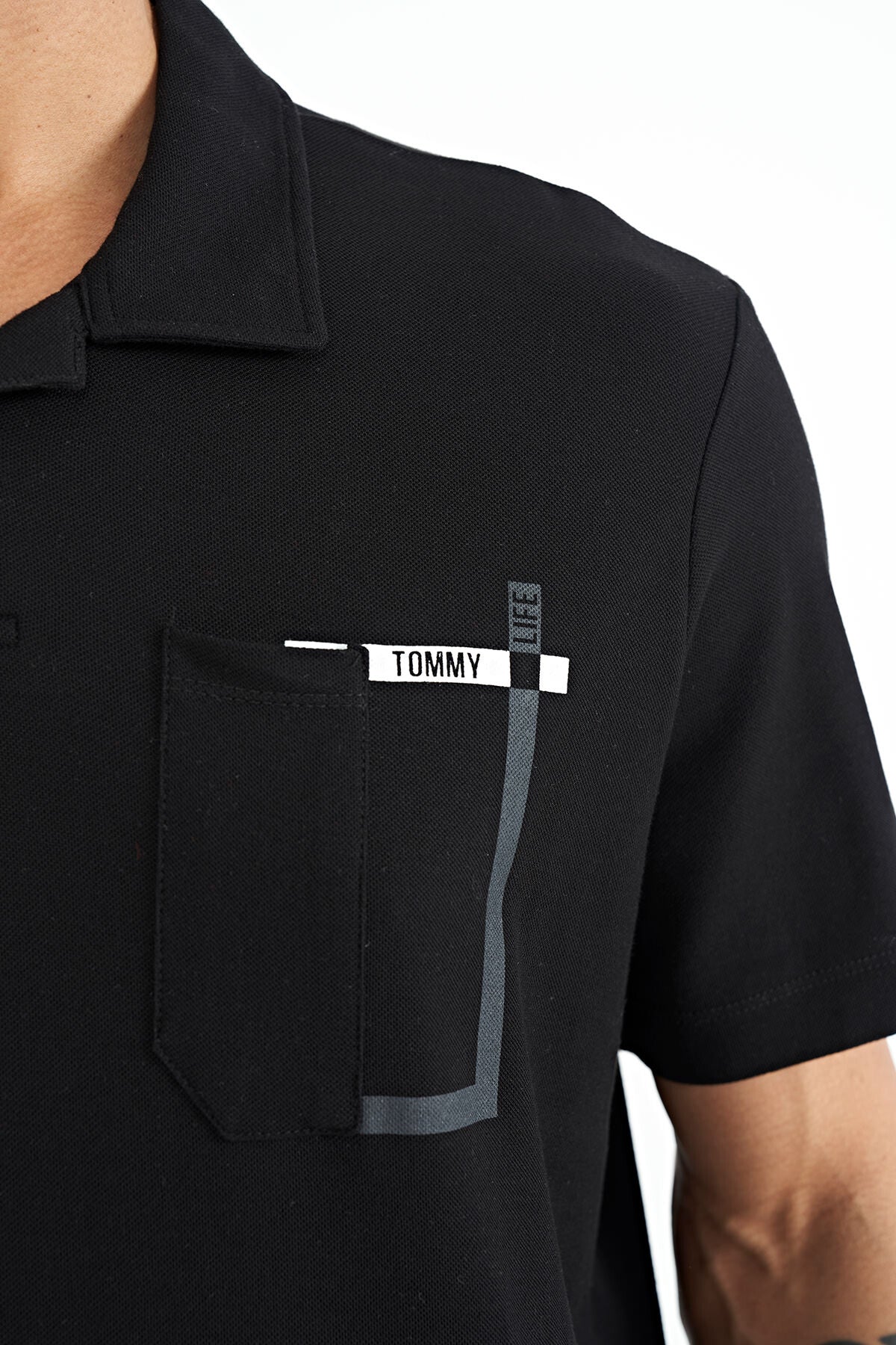 Black Pocket Detailed Printed Standard Fit Polo Collar Men's T-Shirt - 88241