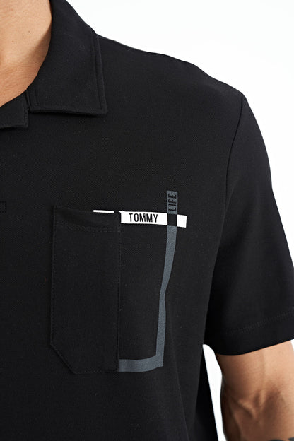 Black Pocket Detailed Printed Standard Fit Polo Collar Men's T-Shirt - 88241