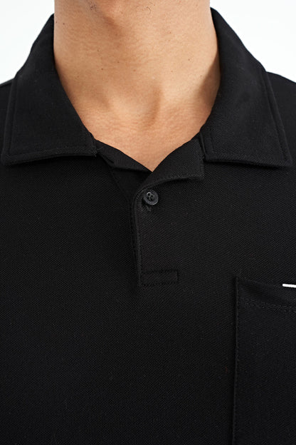 Black Pocket Detailed Printed Standard Fit Polo Collar Men's T-Shirt - 88241