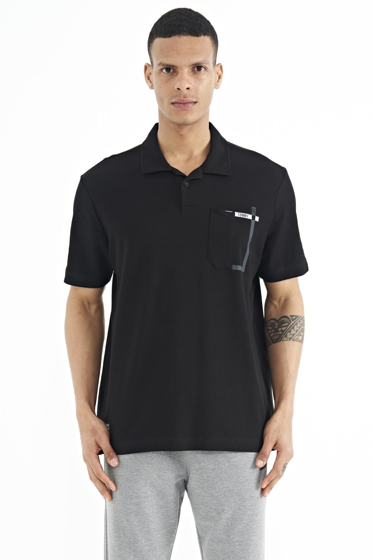 Black Pocket Detailed Printed Standard Fit Polo Collar Men's T-Shirt - 88241