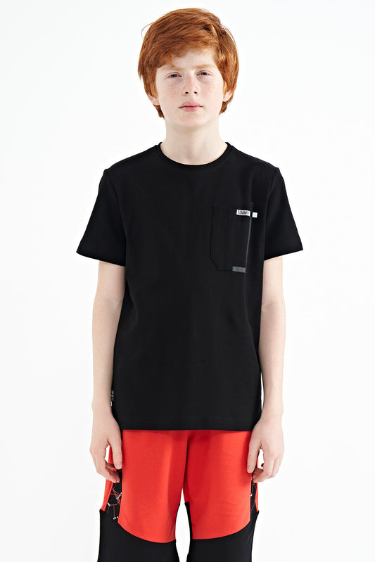 Black Pocket Detailed O Collar Standard Fit Boys T-Shirt - 11120