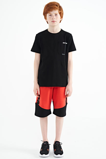 Black Pocket Detailed O Collar Standard Fit Boys T-Shirt - 11120