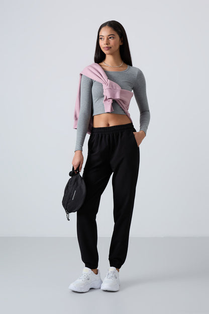 Black High Waist Comfort Fit Ribbed Cuff Women's Tracksuit Bottom - 94583