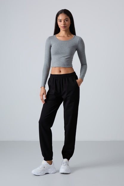 Black High Waist Comfort Fit Ribbed Cuff Women's Tracksuit Bottom - 94583