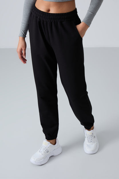 Black High Waist Comfort Fit Ribbed Cuff Women's Tracksuit Bottom - 94583