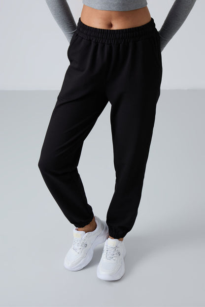 Black High Waist Comfort Fit Ribbed Cuff Women's Tracksuit Bottom - 94583