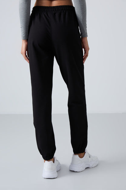Black High Waist Comfort Fit Ribbed Cuff Women's Tracksuit Bottom - 94583