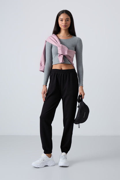 Black High Waist Comfort Fit Ribbed Cuff Women's Tracksuit Bottom - 94583