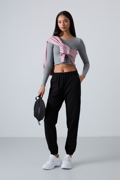 Black High Waist Comfort Fit Ribbed Cuff Women's Tracksuit Bottom - 94583