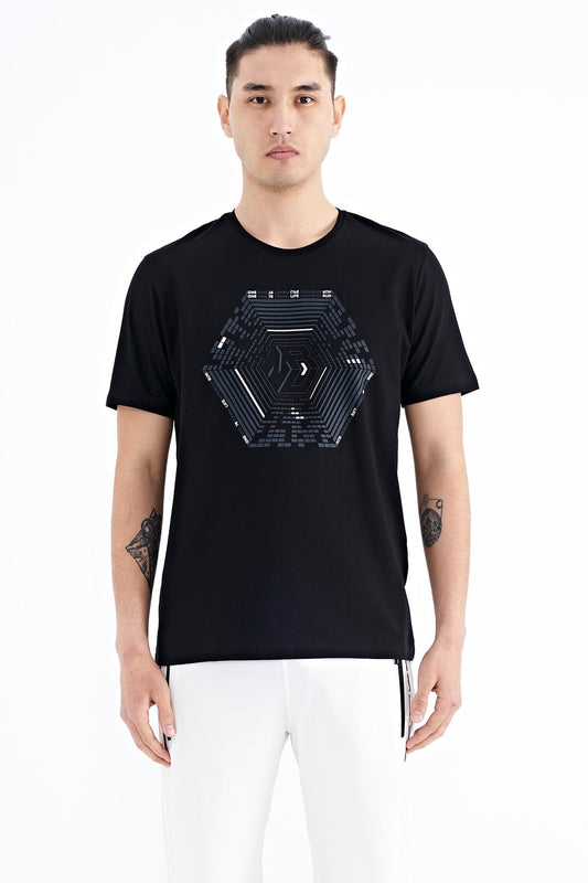 Black Pattern Printed Standard Fit Men's T-shirt - 88231