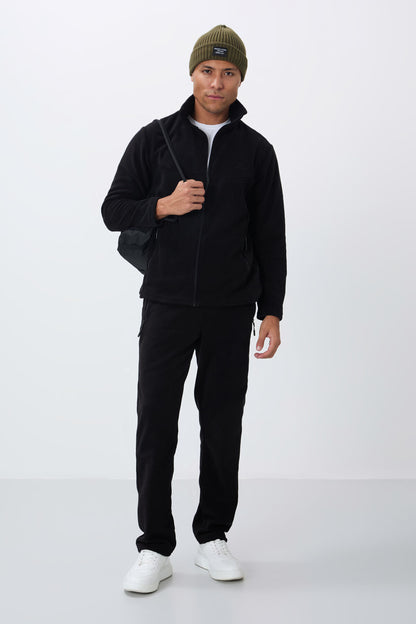 Black Straight Collar Basic Zippered Pocket Standard Fit Men's Polar Tracksuit Set - 85193