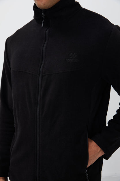 Black Straight Collar Basic Zippered Pocket Standard Fit Men's Polar Tracksuit Set - 85193