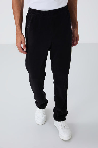 Black Straight Collar Basic Zippered Pocket Standard Fit Men's Polar Tracksuit Set - 85193