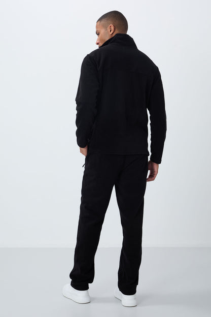 Black Straight Collar Basic Zippered Pocket Standard Fit Men's Polar Tracksuit Set - 85193