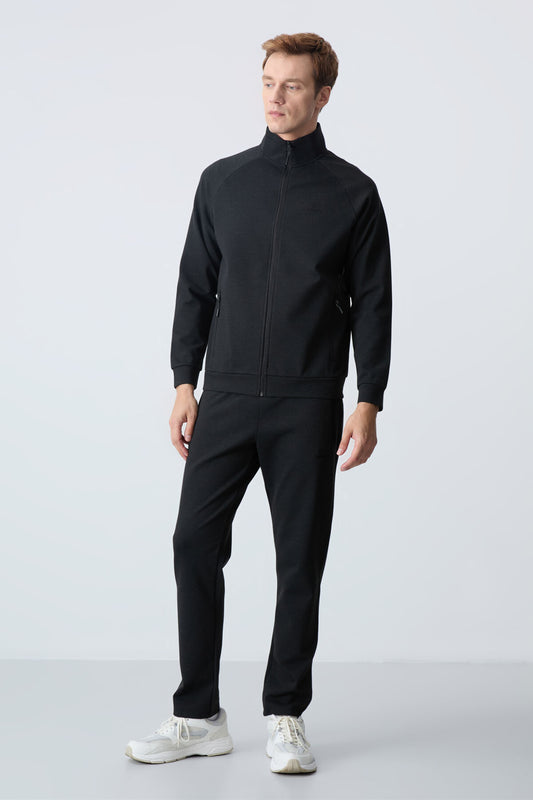 Black Stand-Up Collar Two-Tone Comfortable Fit Classic Hem Men's Tracksuit Set - 85113