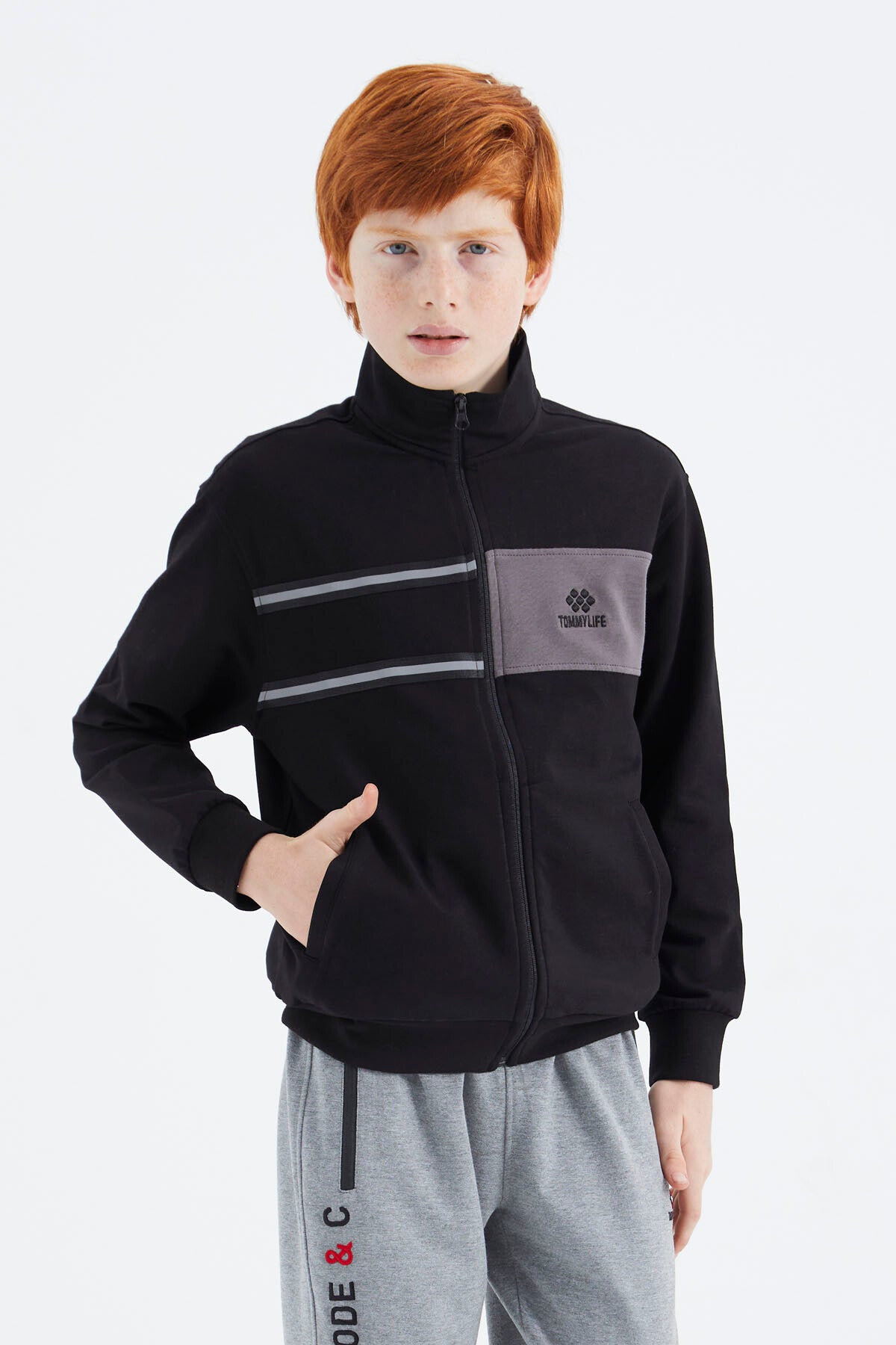 Black Stand Collar Boys Sweatshirt - 11183