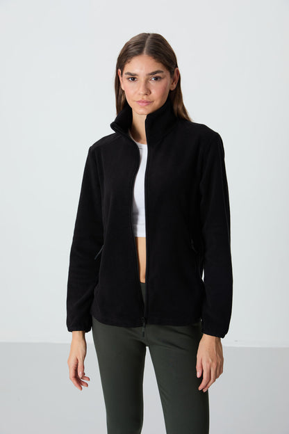 Black Stand Collar Zippered Comfort Fit Women's Fleece Sweatshirt - 97173