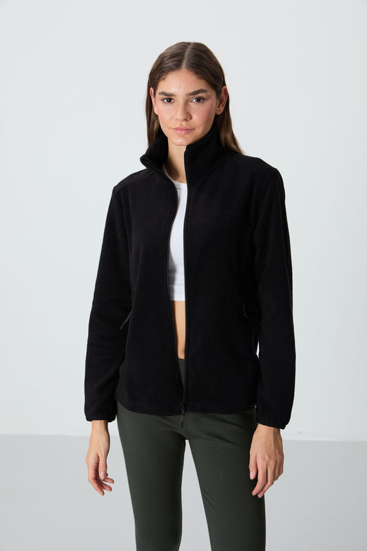 Black Stand Collar Zippered Comfort Fit Women's Fleece Sweatshirt - 97173