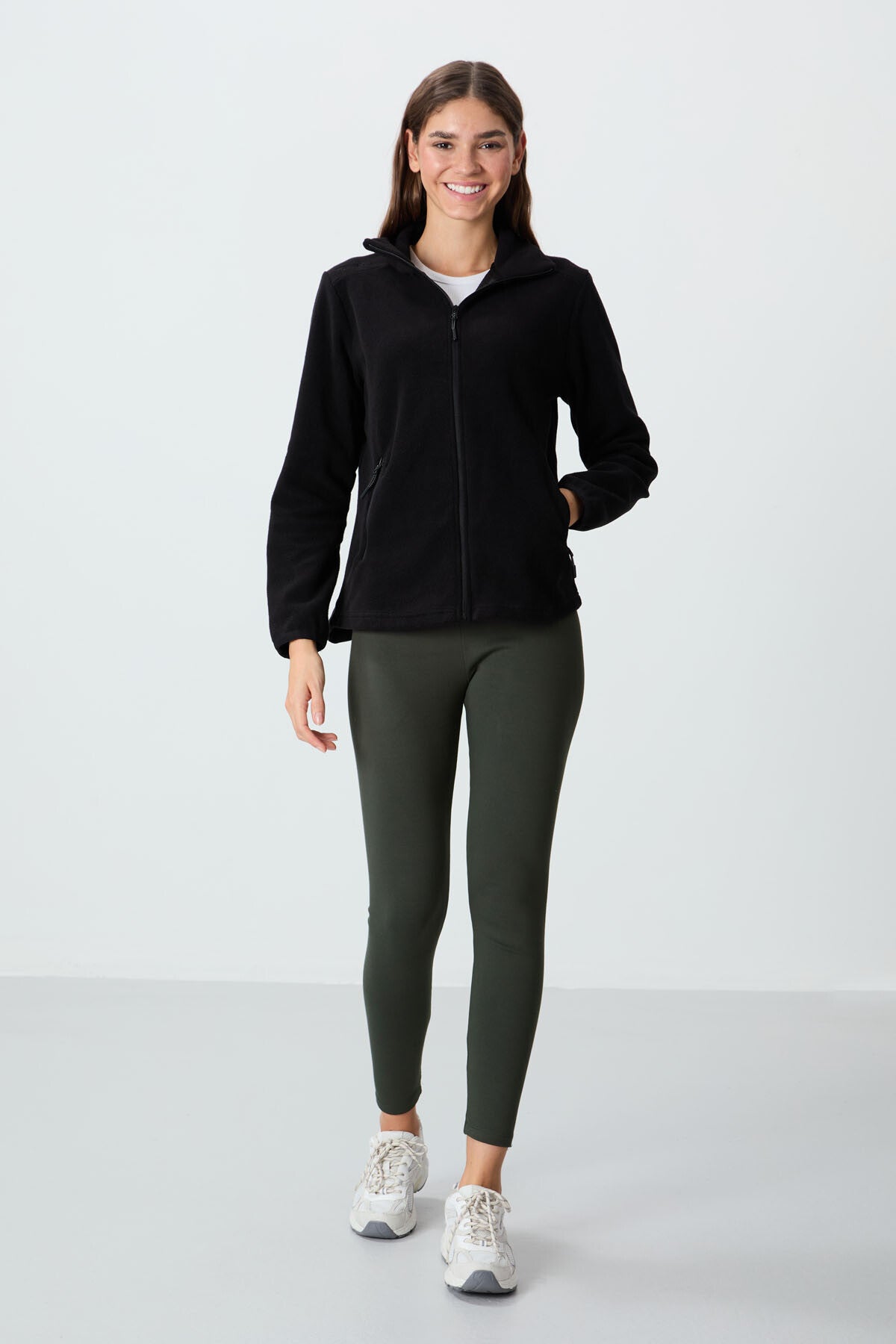 Black Stand Collar Zippered Comfort Fit Women's Fleece Sweatshirt - 97173