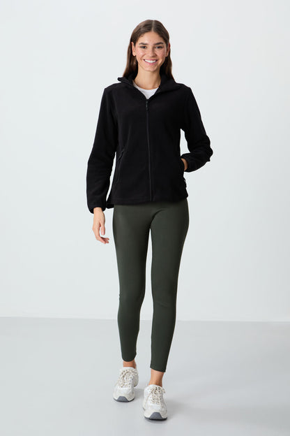 Black Stand Collar Zippered Comfort Fit Women's Fleece Sweatshirt - 97173
