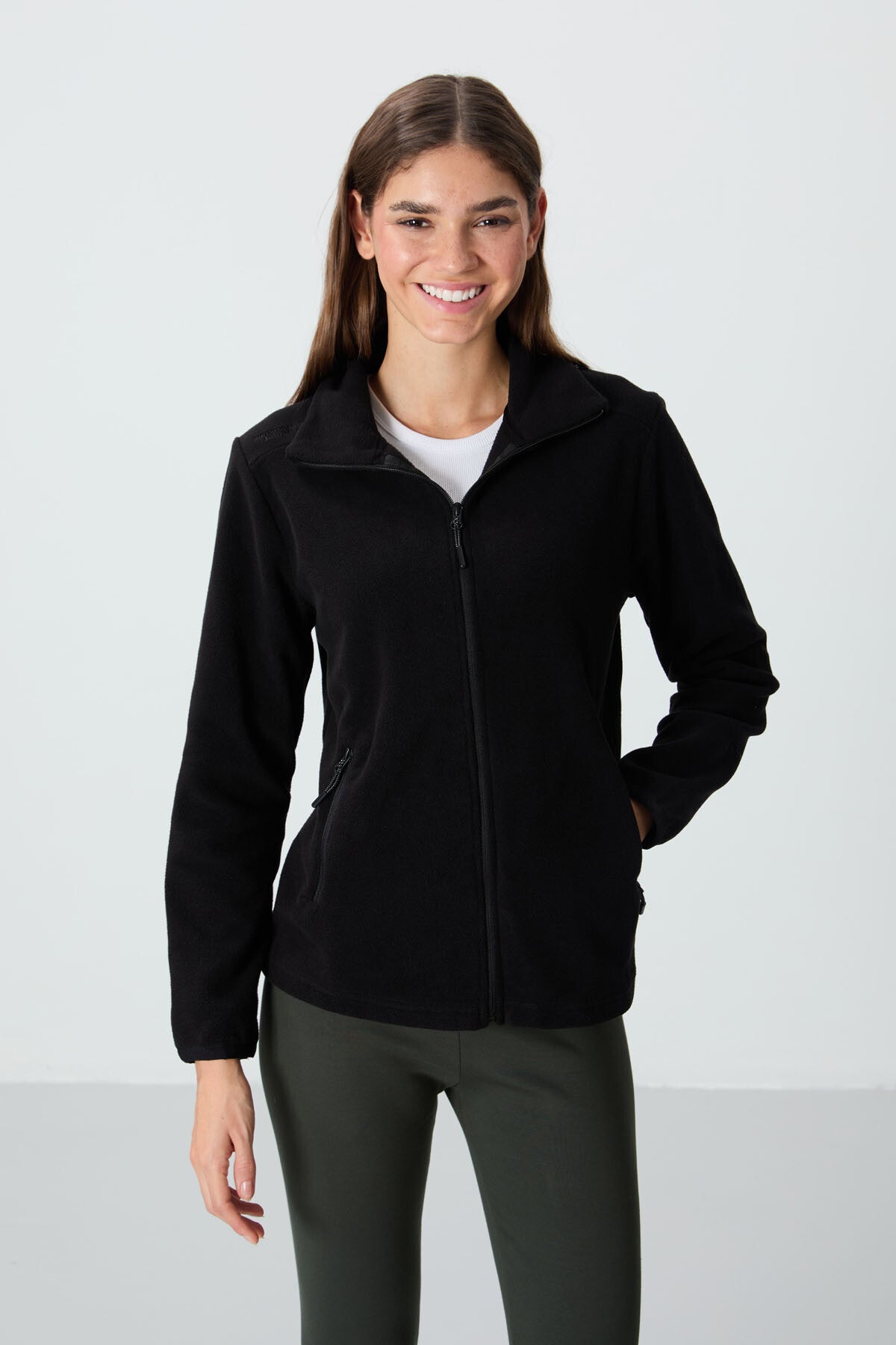 Black Stand Collar Zippered Comfort Fit Women's Fleece Sweatshirt - 97173