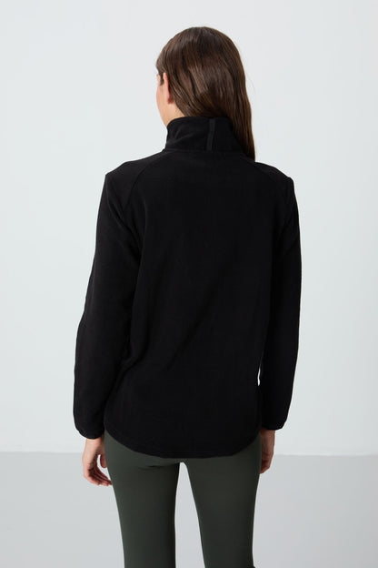 Black Stand Collar Zippered Comfort Fit Women's Fleece Sweatshirt - 97173