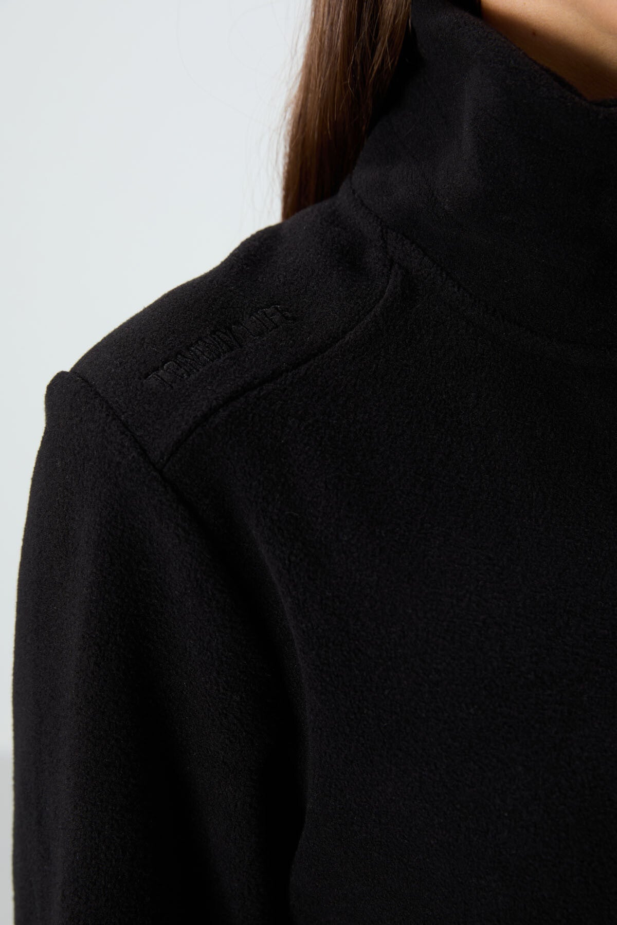 Black Stand Collar Zippered Comfort Fit Women's Fleece Sweatshirt - 97173