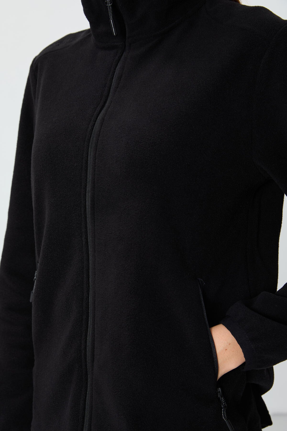 Black Stand Collar Zippered Comfort Fit Women's Fleece Sweatshirt - 97173