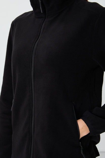 Black Stand Collar Zippered Comfort Fit Women's Fleece Sweatshirt - 97173