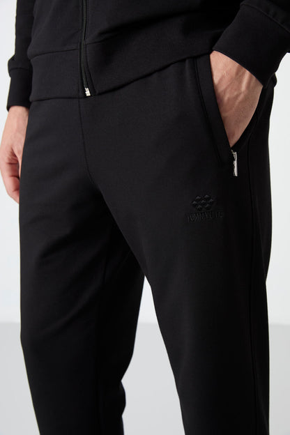 Black Stand Collar Zippered Comfort Fit Classic Cuff Men's Tracksuit Set - 85072