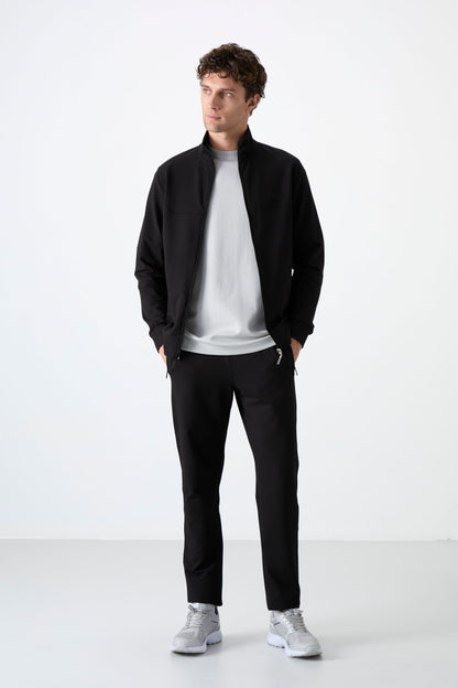 Black Stand Collar Zippered Comfort Fit Classic Cuff Men's Tracksuit Set - 85072