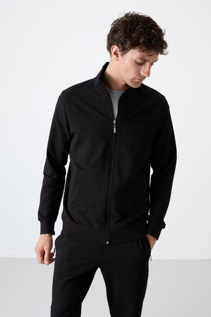 Black Stand Collar Zippered Comfort Fit Classic Cuff Men's Tracksuit Set - 85072
