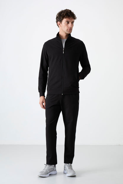 Black Stand Collar Zippered Comfort Fit Classic Cuff Men's Tracksuit Set - 85072