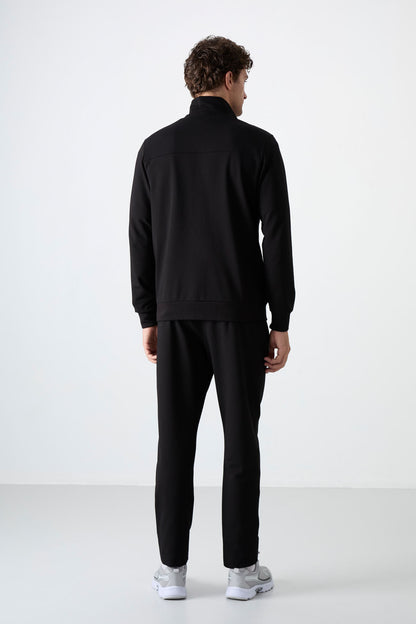 Black Stand Collar Zippered Comfort Fit Classic Cuff Men's Tracksuit Set - 85072