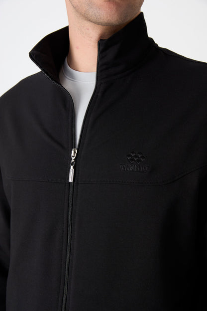 Black Stand Collar Zippered Comfort Fit Classic Cuff Men's Tracksuit Set - 85072