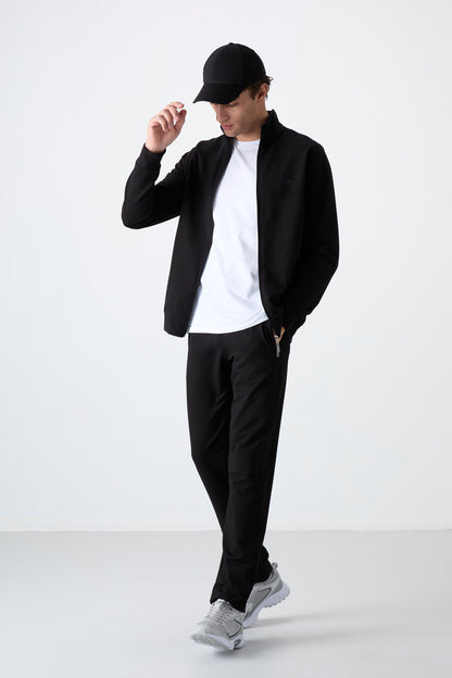 Black Stand Collar Zippered Comfort Fit Classic Cuff Men's Tracksuit Set - 85072