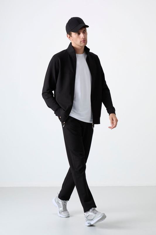 Black Stand Collar Zippered Comfort Fit Classic Cuff Men's Tracksuit Set - 85072