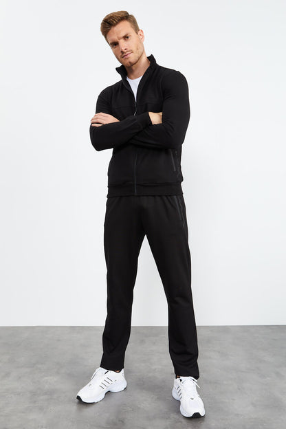 Black High Collar Zippered Standard Fit Classic Cuff Men's Tracksuit Set - 85152