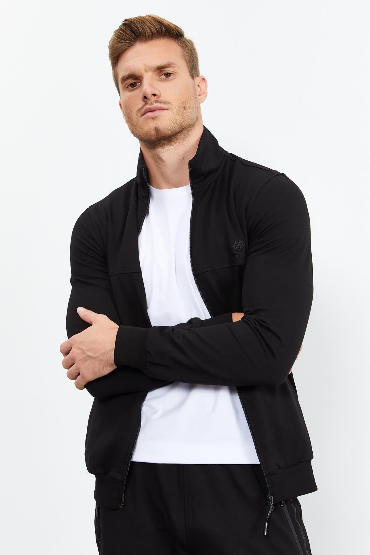 Black High Collar Zippered Standard Fit Classic Cuff Men's Tracksuit Set - 85152