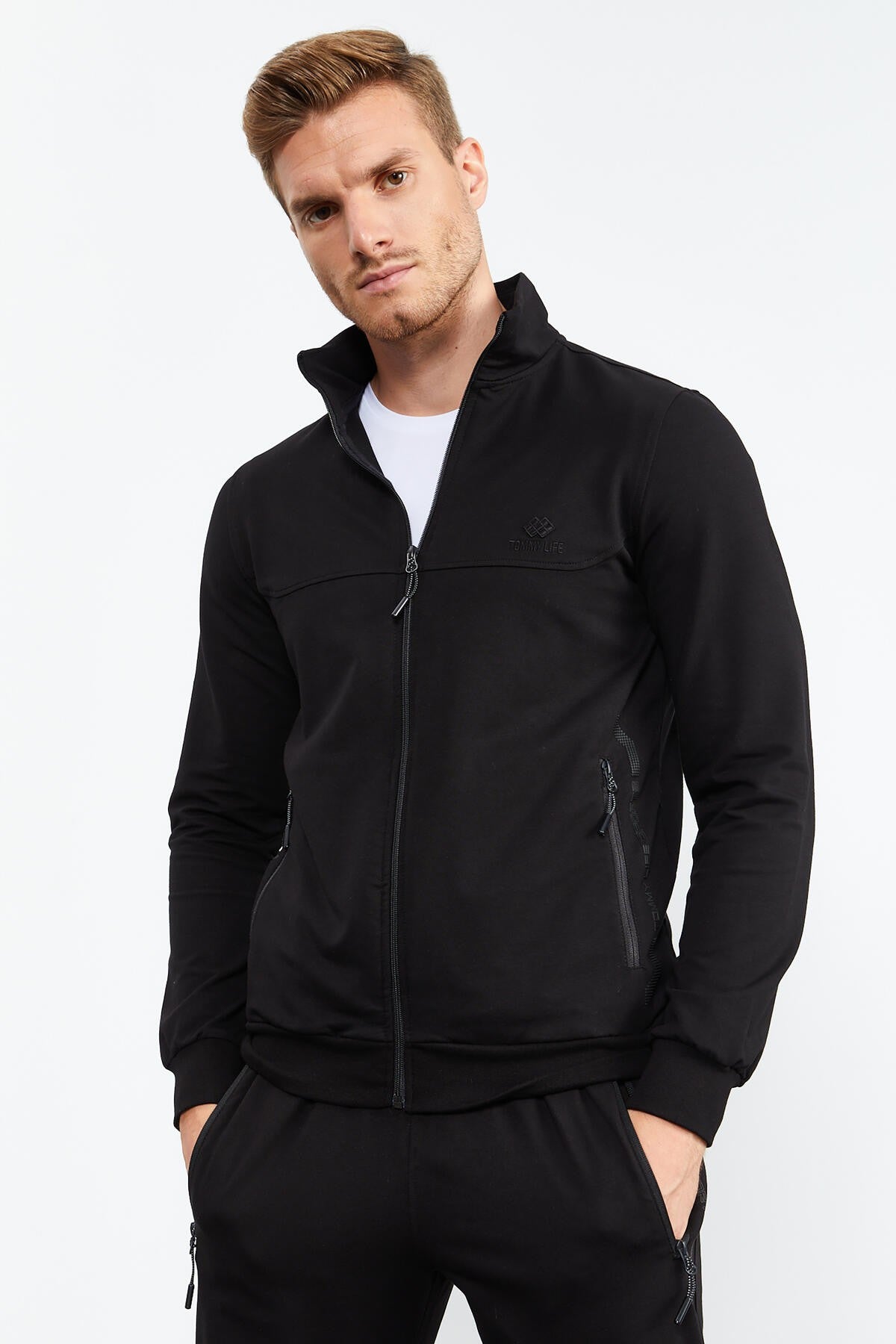 Black High Collar Zippered Standard Fit Classic Cuff Men's Tracksuit Set - 85152