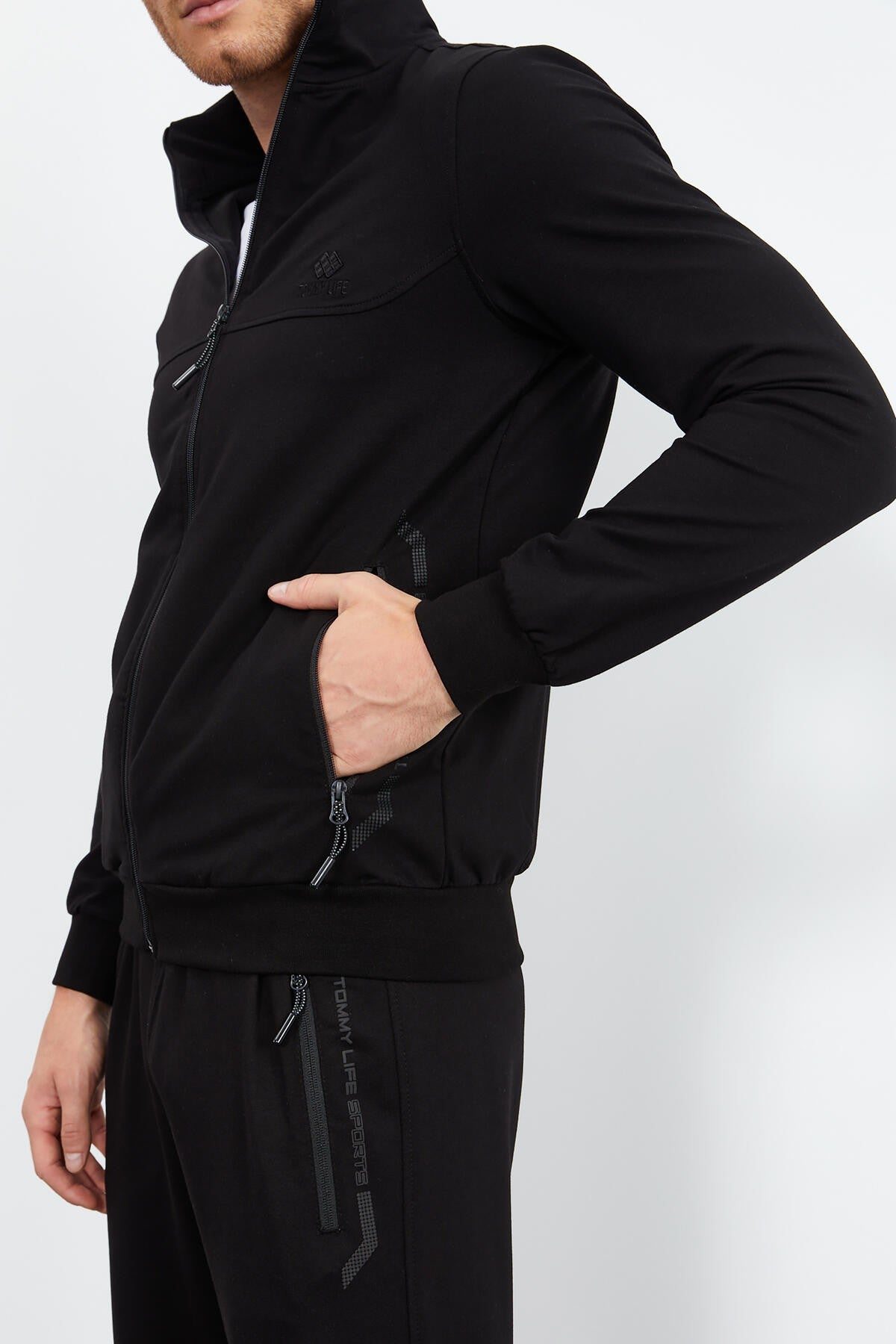 Black High Collar Zippered Standard Fit Classic Cuff Men's Tracksuit Set - 85152