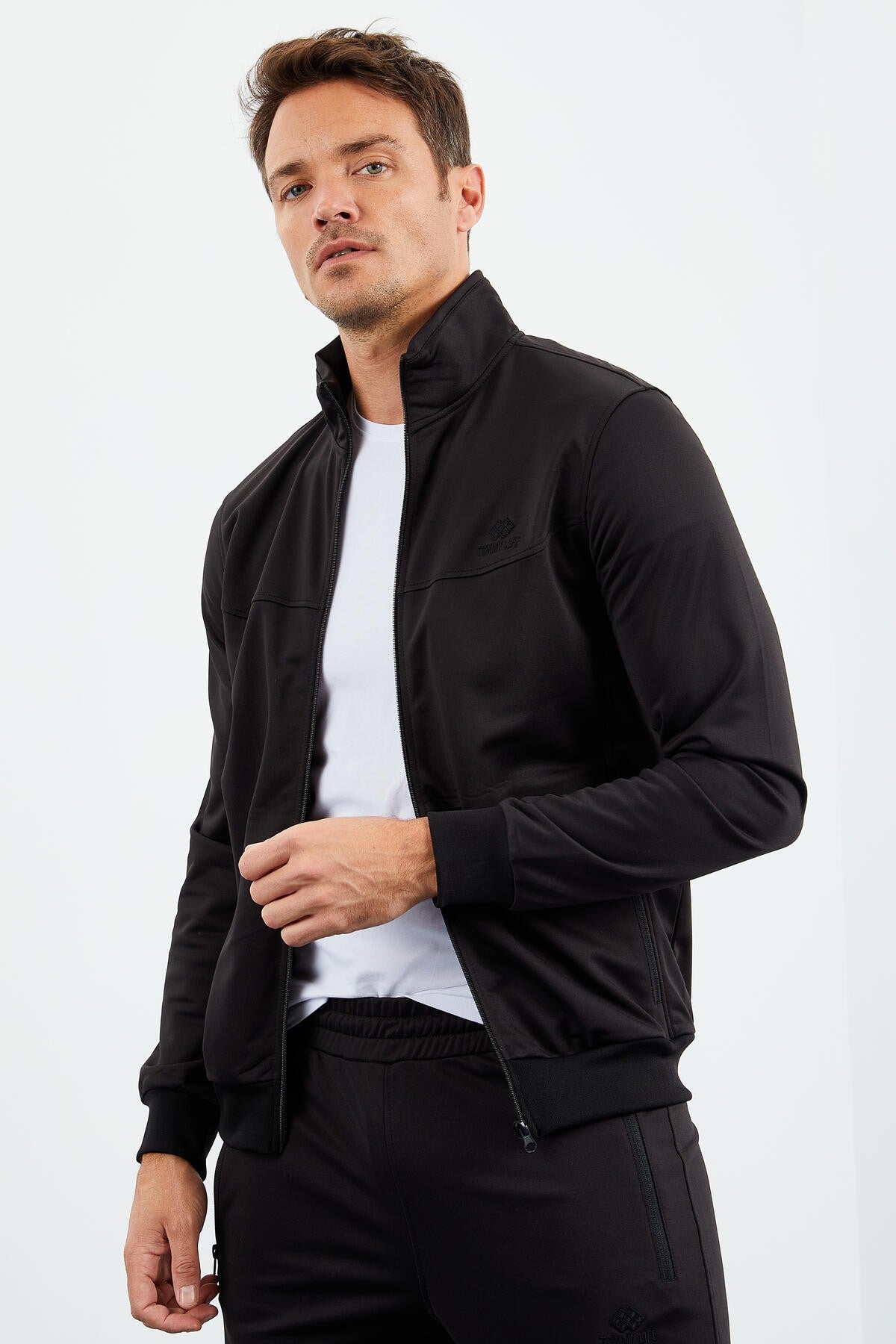 Black High Collar Zippered Standard Fit Classic Cuff Men's Tracksuit Set - 85162